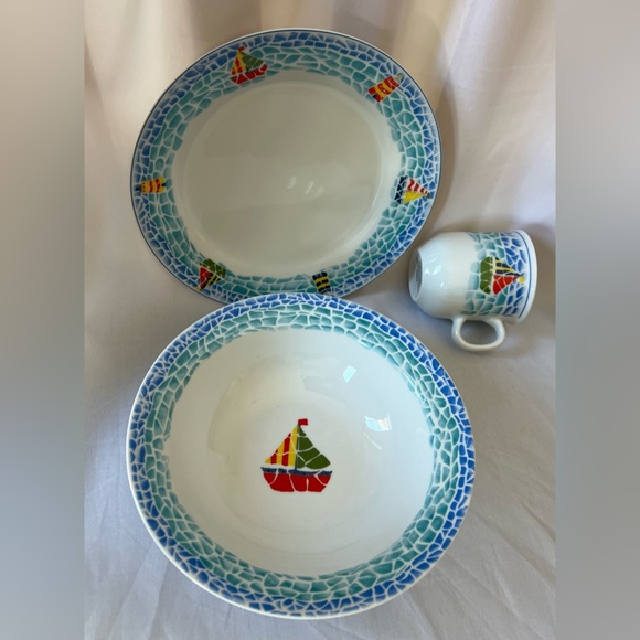 Child Sailboat Lighthouse Dinnerware Set Plate Bowl Mug Blue Nautical Mosaic Rim - Picture 5 of 14